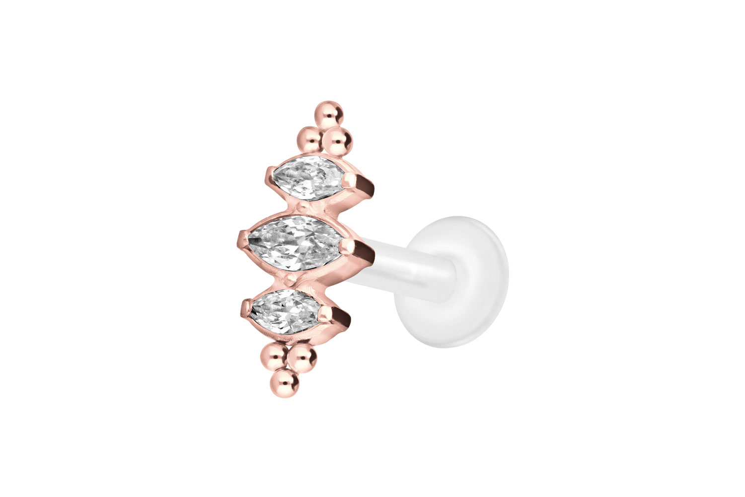 PTFE Labret Piercing mit Innengewinde + Titan-Aufsatz 3 KRISTALLTROPFEN + KUGELN